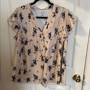 SHEIN Cream and Black Floral Blouse
